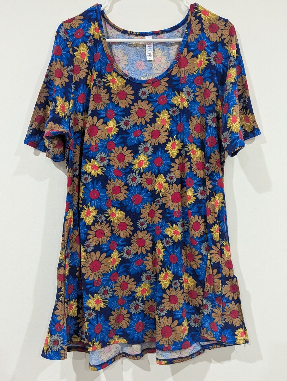 LuLaRoe Blue Floral Scoop Neck Tunic with Red and Yellow Accents